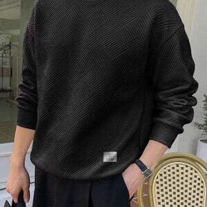 Men Men's Crewneck Sweat Soild Color Geometric‎ Texture Long Sleeve Casual Shirt